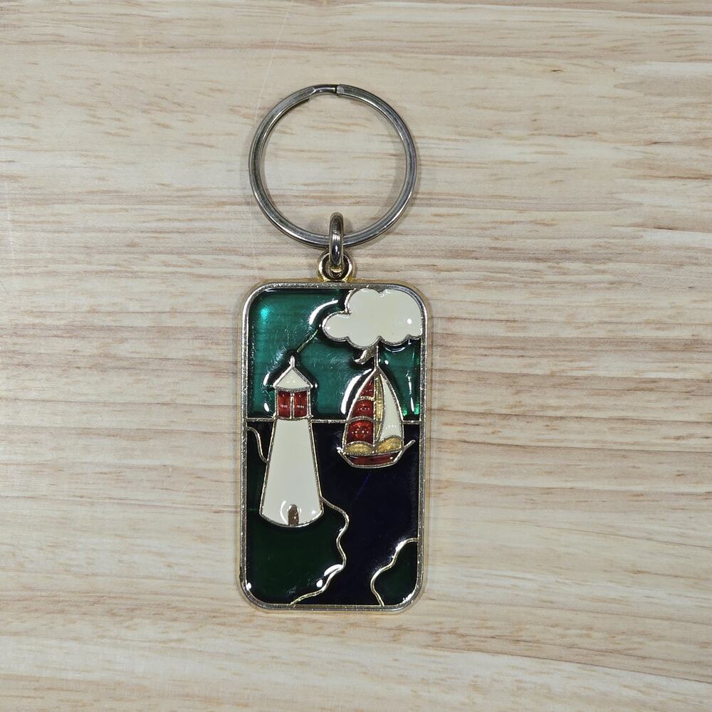 Vintage Stained Glass Lighthouse Sailboat Keychain